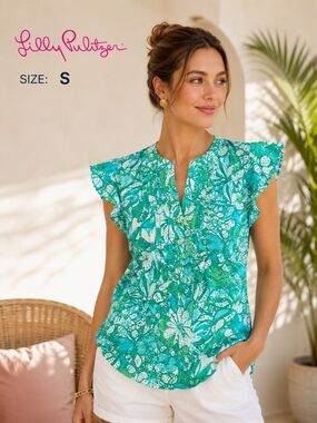 Lilly Pulitzer Green Tropical Floral Flutter Sleeve Top Size S NWT